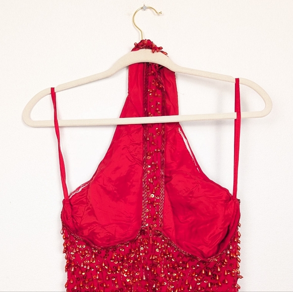 Vintage Alyce Designs Red Beaded Halter Slit Formal Gown Size 10 - Picture 5 of 8
